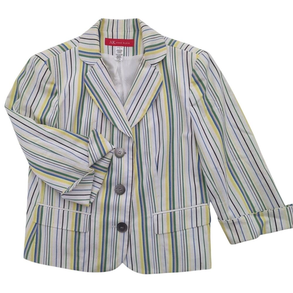 ANNE KLEIN White Blue green and yellow Striped Blazer women's size 12 Stretch